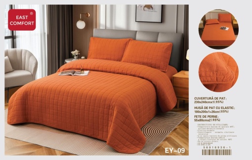 Cuvertura pat din Bumbac-In cu Husa cu elastic Cadou, 2 Persoane, 4Piese ESTN08