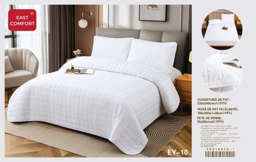 Cuvertura pat din Bumbac-In cu Husa cu elastic Cadou, 2 Persoane, 4Piese ESTN10