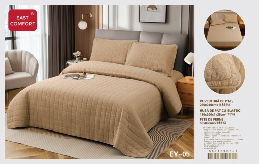Cuvertura pat din Bumbac-In cu Husa cu elastic Cadou, 2 Persoane, 4Piese ESTN03