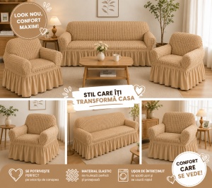 Husa Canapea 3 Locuri + 2 Huse Fotolii (Set ) Cacao-Lapte