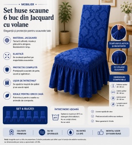 Set 6 Huse Scaune PremiumJaquard cu Volane Albastru - Img 2