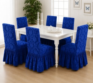 Set 6 Huse Scaune PremiumJaquard cu Volane Albastru