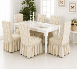 Set 6 Huse Scaune PremiumJaquard cu Volane Crem