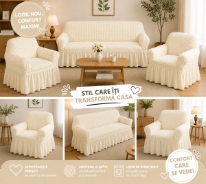 Husa Canapea 3 Locuri + 2 Huse Fotolii (Set ) Crem