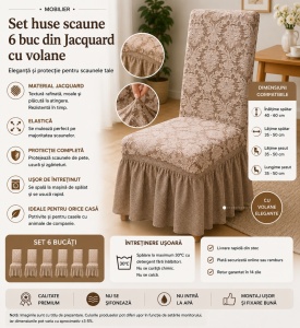 Set 6 Huse Scaune PremiumJaquard cu Volane Bej Roze - Img 2