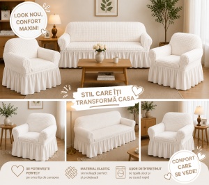 Husa Canapea 3 Locuri + 2 Huse Fotolii (Set ) Alb-Murdar
