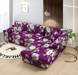 Husa Elastica Pentru Fotoliu / Canapea / Coltar Model Mov Cu Flori