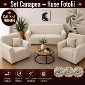 Husa Canapea 3 Locuri + 2 Huse Fotolii Premium*Catifea Alb Murdar HCS04