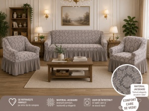 Husa Canapea 3 Locuri + 2 Huse Fotolii Premium* Jacquard (Set ) Bej-Roze