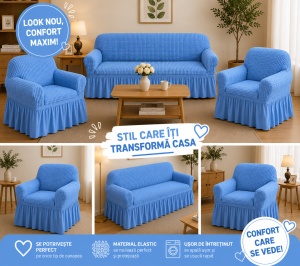 Husa Canapea 3 Locuri + 2 Huse Fotolii (Set ) Albastru-Bleu
