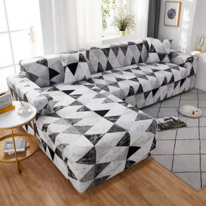 Husa Elastica Pentru Fotoliu / Canapea / Coltar Model Gri Deschis Cu Triunghiuri - Img 2
