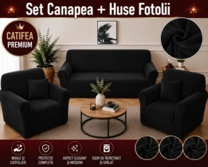 Husa Canapea 3 Locuri + 2 Huse Fotolii Premium*Catifea Negru HCS07