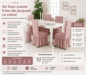 Set 6 Huse Scaune PremiumJaquard cu Volane Roz - Img 2