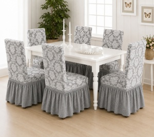 Set 6 Huse Scaune PremiumJaquard cu Volane Gri