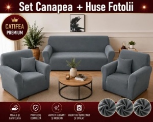 Husa Canapea 3 Locuri + 2 Huse Fotolii Premium*Catifea Gri HCS03