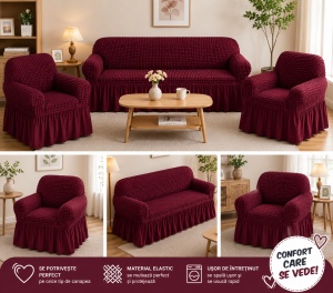 Husa Canapea 3 Locuri + 2 Huse Fotolii (Set )Bordo-Visiniu