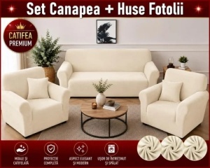 Husa Canapea 3 Locuri + 2 Huse Fotolii Premium*Catifea Crem HCS06