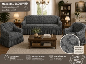 Husa Canapea 3 Locuri + 2 Huse Fotolii Premium* Jacquard (Set ) Cenusiu