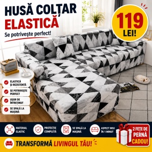 Husa Elastica Pentru Fotoliu / Canapea / Coltar Model Gri Deschis Cu Triunghiuri