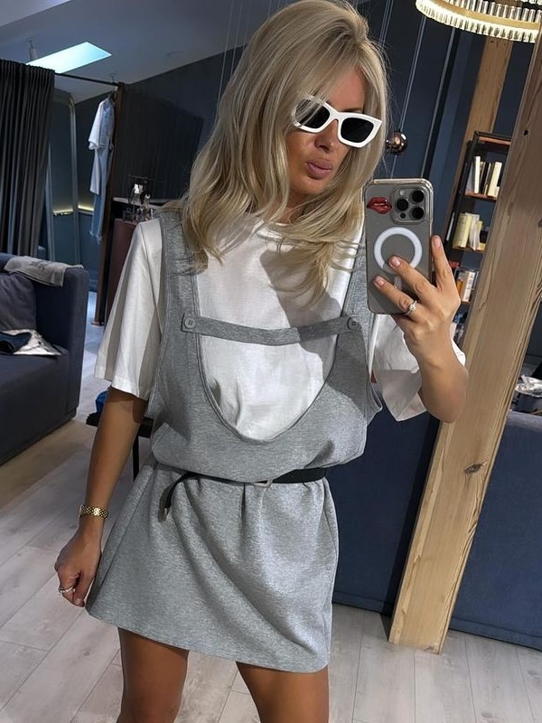 Set Carla - tricou alb cu sarafan gri din bumbac