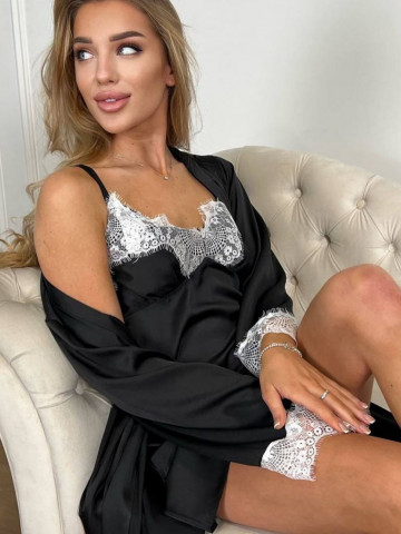 Set de noapte cu rochita si halat cu dantela - Img 1