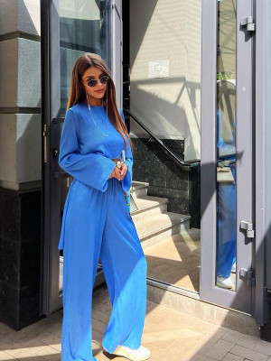 Set Merra bluza și pantalon lung larg albastru - Img 5