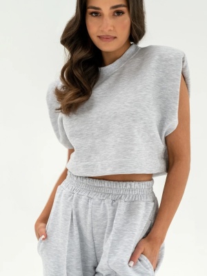 Trening de dama din bumbac gri cu top si pantalon lung larg - Img 5