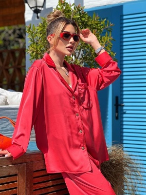 Set de noapte roșu Eva cu bluza si pantalon lung - Img 3