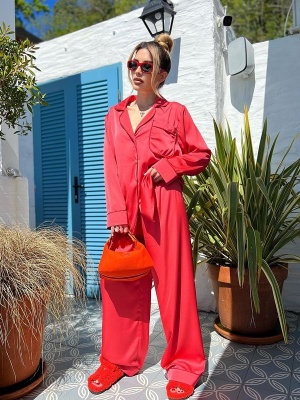 Set de noapte roșu Eva cu bluza si pantalon lung - Img 1