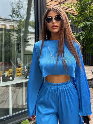 Set Merra bluza și pantalon lung larg albastru - Img 8