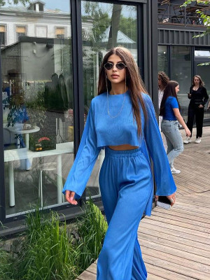 Set Merra bluza și pantalon lung larg albastru - Img 9