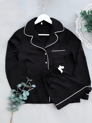 Pijama din satin cu bluza cu maneca lunga si pantalon scurt - Img 1