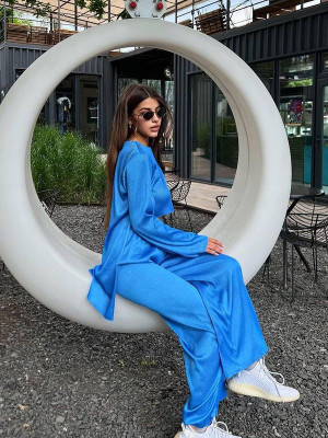 Set Merra bluza și pantalon lung larg albastru - Img 2