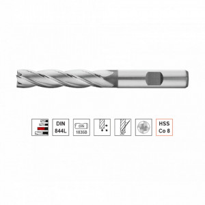 Freza HSS-E Co8, Tip N, DIN 844L, lunga, prindere cilindrica conform DIN 1835 B, punct de centrare, 4 si 6 taisuri - Img 2