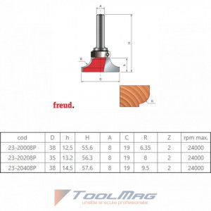 Freza profilata concav 1/4 C, cu rulment copier superior, placata CMS, Z2, cu coada - 23- - Img 2