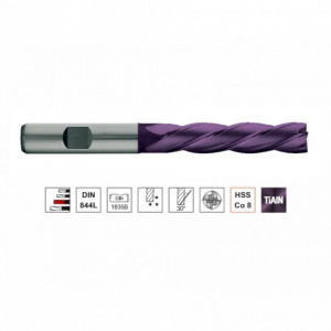 Freza HSS-E Co8 TiAIN, Tip N, DIN 844L, lunga, prindere cilindrica conform DIN 1835 B, punct de centrare, 4 si 6 taisuri - Img 2