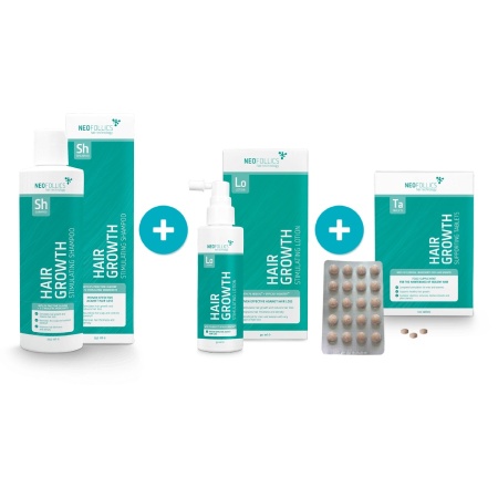 Tratament complet împotriva căderii părului Neofollics - Set Șampon Neofollics 250 ml + Loțiune Neofollics 7% Neoxil + Suplimente pentru regenerarea părului Neofollics