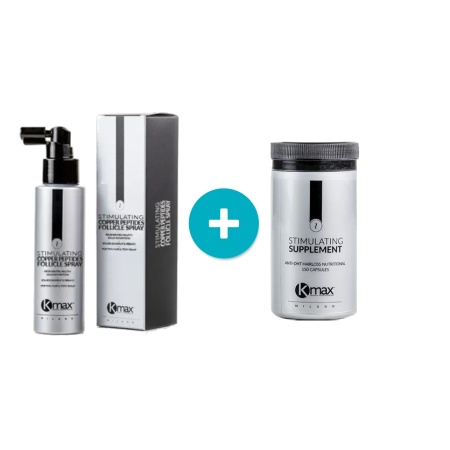Tratament împotriva căderii părului Kmax - Set Spray pentru stimularea creșterii părului cu Peptide de Cupru Kmax + Suplimente pentru stimularea creșterii părului Kmax