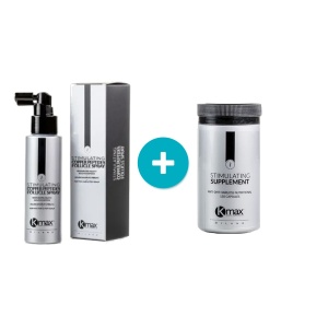 Tratament împotriva căderii părului Kmax - Set Spray pentru stimularea creșterii părului cu Peptide de Cupru Kmax + Suplimente pentru stimularea creșterii părului Kmax