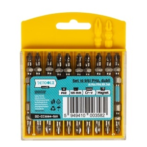 Set of 10 double-ended impact sockets, DZ PH2, 65mm, Cr-V, MAGNET