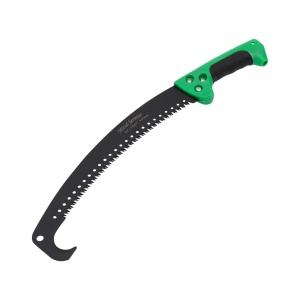 Black curved saw with hook and green handle