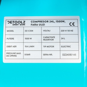 Detoolz compressor 24L oil-free, 1500 W, flow 154L/min, 8 bar, 2 air intakes - Img 11
