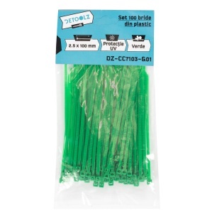 Set of 100 Detoolz plastic cable ties, 2.5 x 100 mm, UV-resistant, GREEN