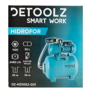 Detoolz 1.1 kW pressure booster, maximum flow rate 2480 l/h, maximum delivery head 45 m, cast iron pump body, 50-litre tank, ejector - Img 14