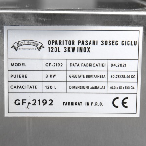 Oparitor pasari 30 sec ciclu 120L 3kW Inox - Img 2