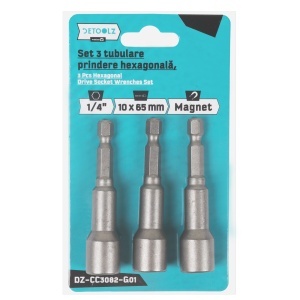 Set 3 tubulare Detoolz, prindere hexagonala 1/4", dimensiuni 10mm * 65mm, magnetice - Img 2
