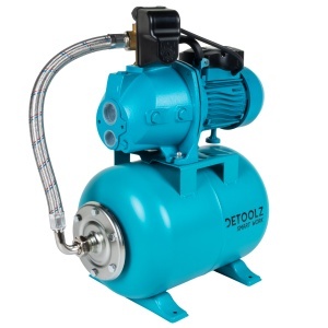 Detoolz 0.9 kW pressure booster, maximum flow rate 2280 l/h, maximum delivery head 40 m, cast iron pump body, 24-litre tank, ejector