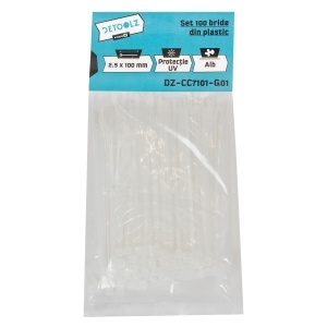 Set 100 bride plastic Detoolz 2.5x100mm , protectie UV, ALB