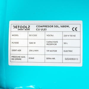 Compresor Detoolz 50L cu ulei, 1680 W, debit 206L/min, 8 bar, 2 prize de aer - Img 2