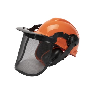 Helmet with protective mesh visor and earmuffs